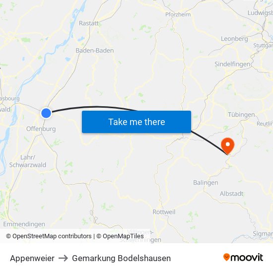 Appenweier to Gemarkung Bodelshausen map