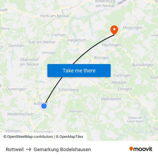 Rottweil to Gemarkung Bodelshausen map