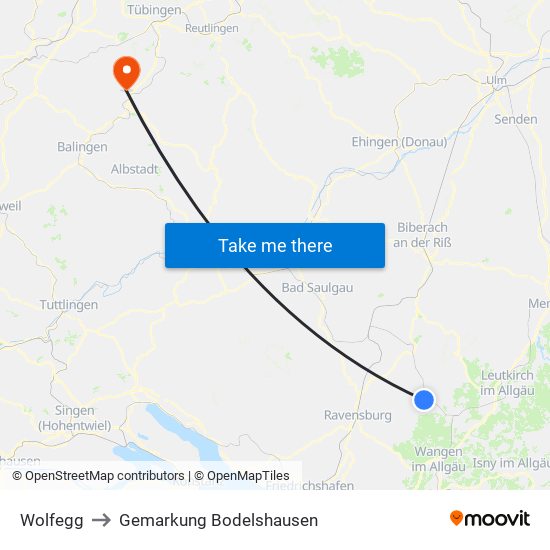 Wolfegg to Gemarkung Bodelshausen map