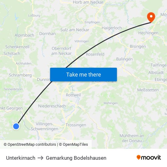 Unterkirnach to Gemarkung Bodelshausen map