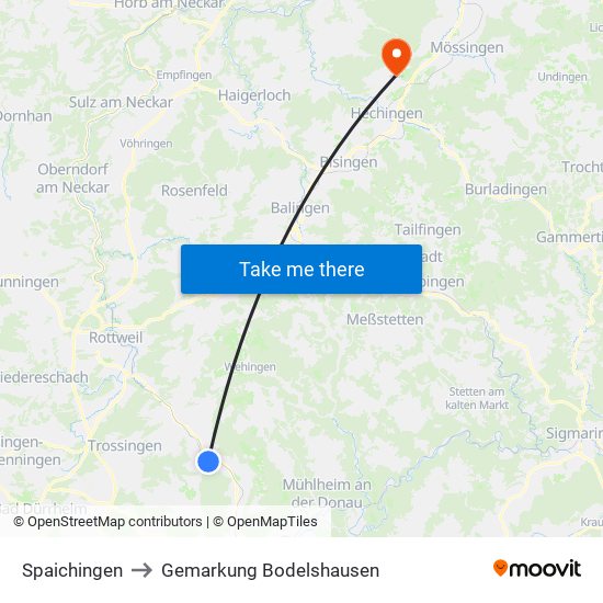 Spaichingen to Gemarkung Bodelshausen map