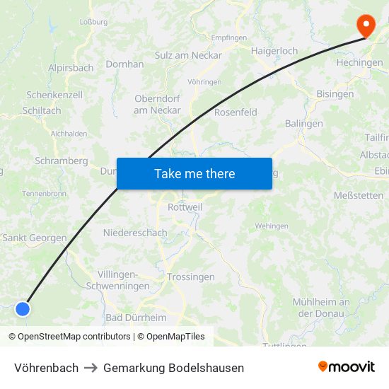 Vöhrenbach to Gemarkung Bodelshausen map