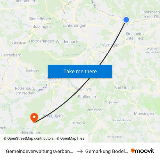 Gemeindeverwaltungsverband Plochingen to Gemarkung Bodelshausen map