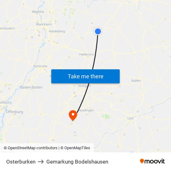 Osterburken to Gemarkung Bodelshausen map