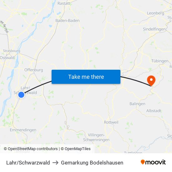 Lahr/Schwarzwald to Gemarkung Bodelshausen map