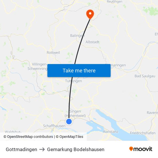 Gottmadingen to Gemarkung Bodelshausen map
