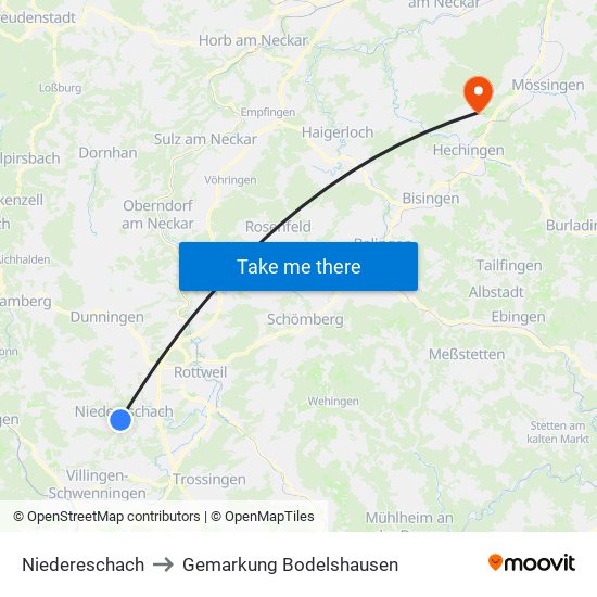 Niedereschach to Gemarkung Bodelshausen map