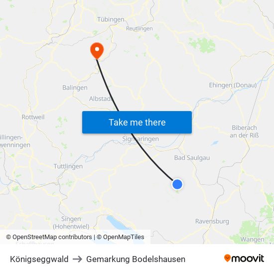 Königseggwald to Gemarkung Bodelshausen map