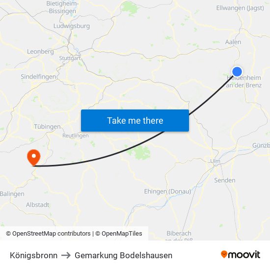 Königsbronn to Gemarkung Bodelshausen map