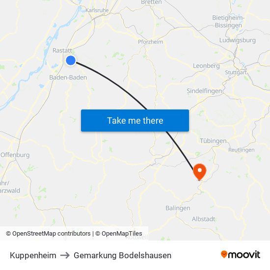 Kuppenheim to Gemarkung Bodelshausen map