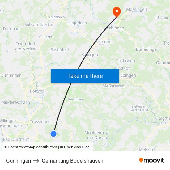 Gunningen to Gemarkung Bodelshausen map