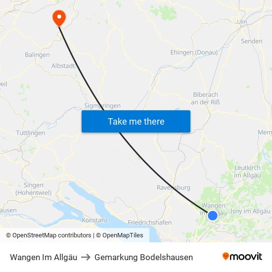 Wangen Im Allgäu to Gemarkung Bodelshausen map