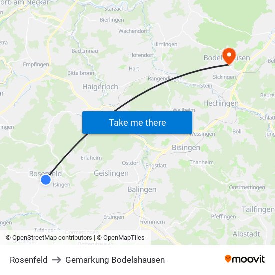 Rosenfeld to Gemarkung Bodelshausen map