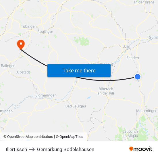 Illertissen to Gemarkung Bodelshausen map