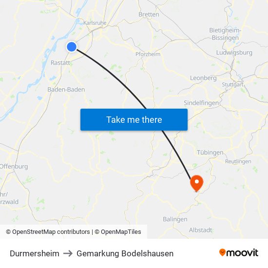 Durmersheim to Gemarkung Bodelshausen map