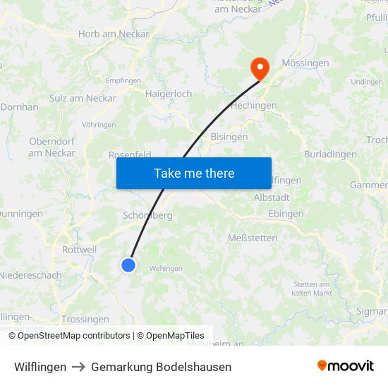 Wilflingen to Gemarkung Bodelshausen map