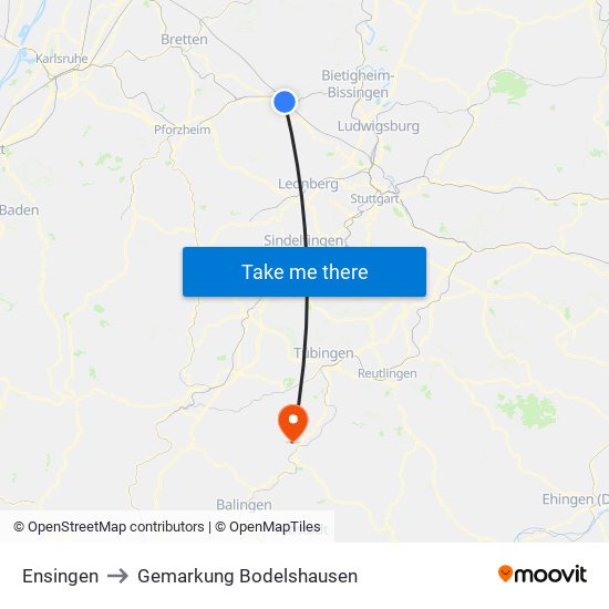 Ensingen to Gemarkung Bodelshausen map