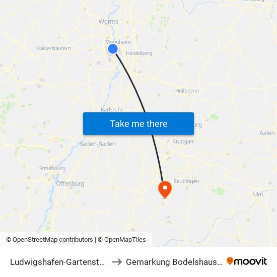 Ludwigshafen-Gartenstadt to Gemarkung Bodelshausen map