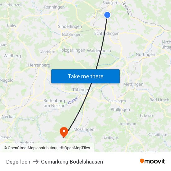 Degerloch to Gemarkung Bodelshausen map