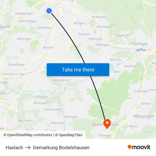 Haslach to Gemarkung Bodelshausen map