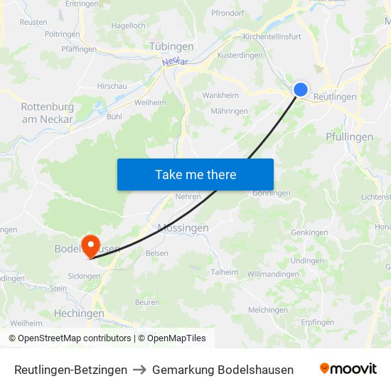 Reutlingen-Betzingen to Gemarkung Bodelshausen map