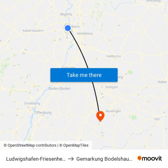 Ludwigshafen-Friesenheim to Gemarkung Bodelshausen map