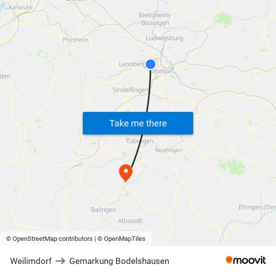Weilimdorf to Gemarkung Bodelshausen map