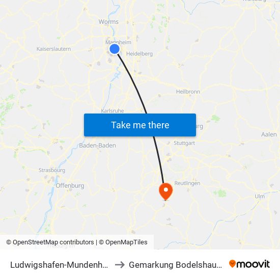 Ludwigshafen-Mundenheim to Gemarkung Bodelshausen map