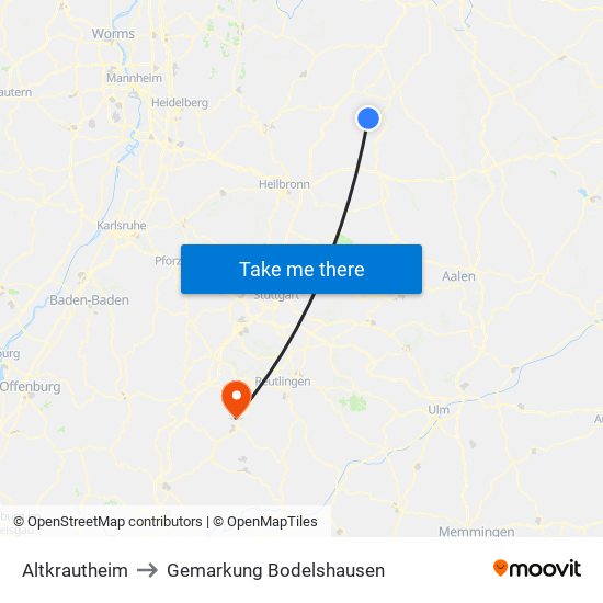 Altkrautheim to Gemarkung Bodelshausen map