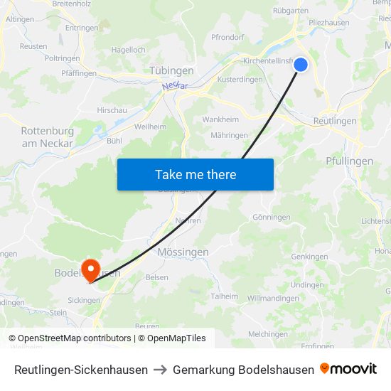 Reutlingen-Sickenhausen to Gemarkung Bodelshausen map