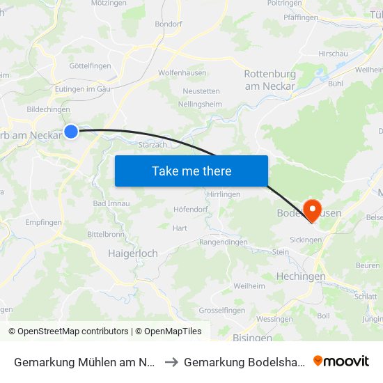 Gemarkung Mühlen am Neckar to Gemarkung Bodelshausen map