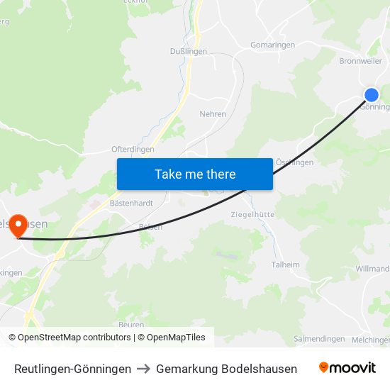 Reutlingen-Gönningen to Gemarkung Bodelshausen map