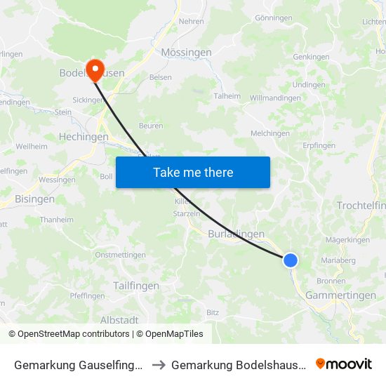Gemarkung Gauselfingen to Gemarkung Bodelshausen map