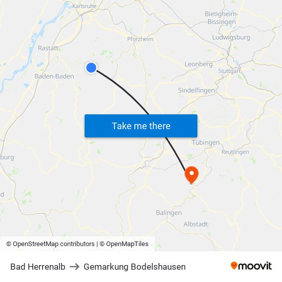 Bad Herrenalb to Gemarkung Bodelshausen map