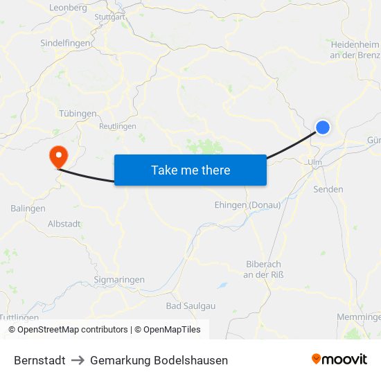 Bernstadt to Gemarkung Bodelshausen map