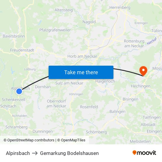 Alpirsbach to Gemarkung Bodelshausen map