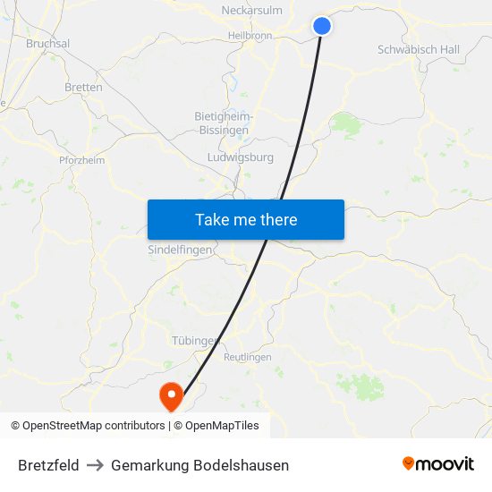 Bretzfeld to Gemarkung Bodelshausen map