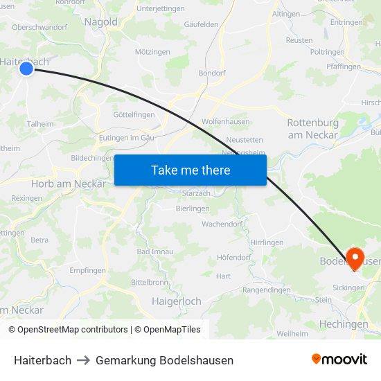 Haiterbach to Gemarkung Bodelshausen map