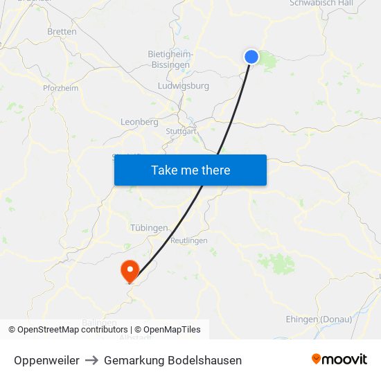 Oppenweiler to Gemarkung Bodelshausen map