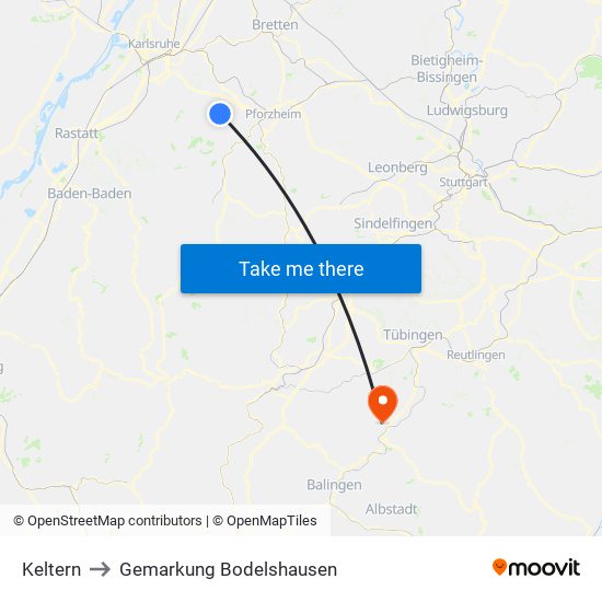 Keltern to Gemarkung Bodelshausen map