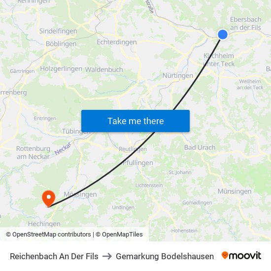 Reichenbach An Der Fils to Gemarkung Bodelshausen map