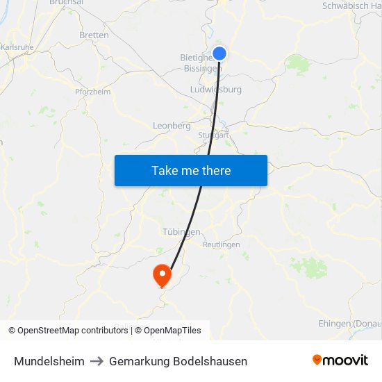 Mundelsheim to Gemarkung Bodelshausen map