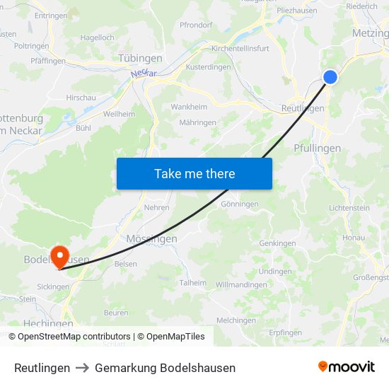 Reutlingen to Gemarkung Bodelshausen map