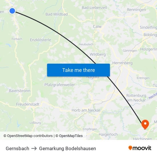 Gernsbach to Gemarkung Bodelshausen map