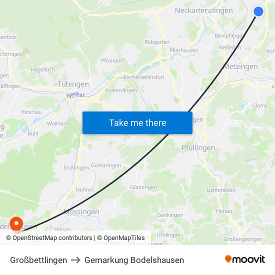 Großbettlingen to Gemarkung Bodelshausen map