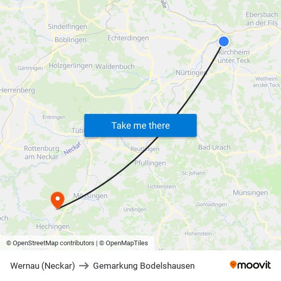 Wernau (Neckar) to Gemarkung Bodelshausen map