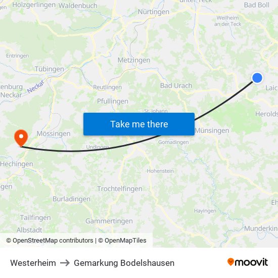 Westerheim to Gemarkung Bodelshausen map