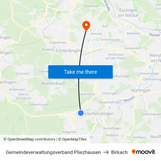 Gemeindeverwaltungsverband Pliezhausen to Birkach map