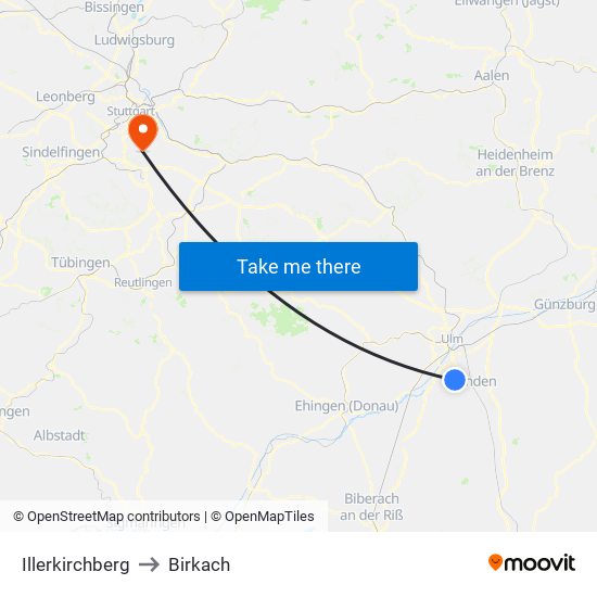 Illerkirchberg to Birkach map