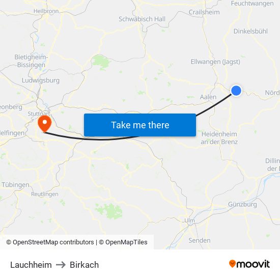 Lauchheim to Birkach map